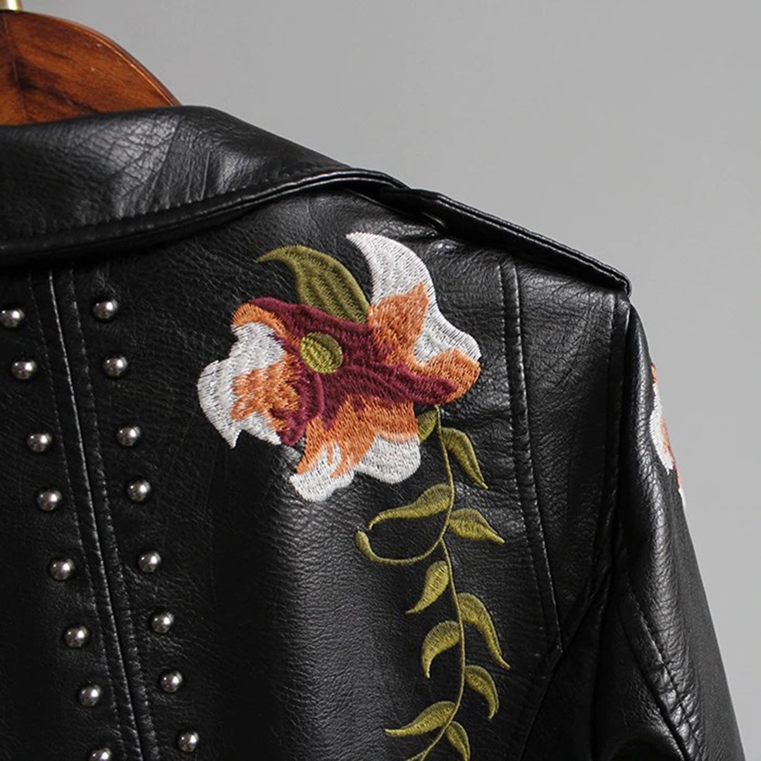 Women's Embroidered Biker Jacket Faux Stylish Casual Outerwear