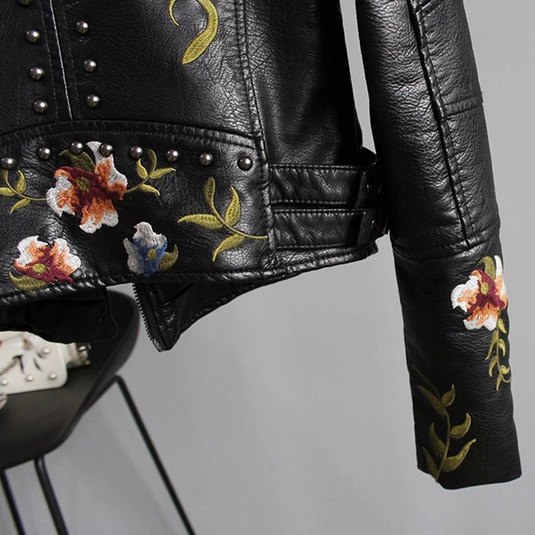 Women's Embroidered Biker Jacket Faux Stylish Casual Outerwear