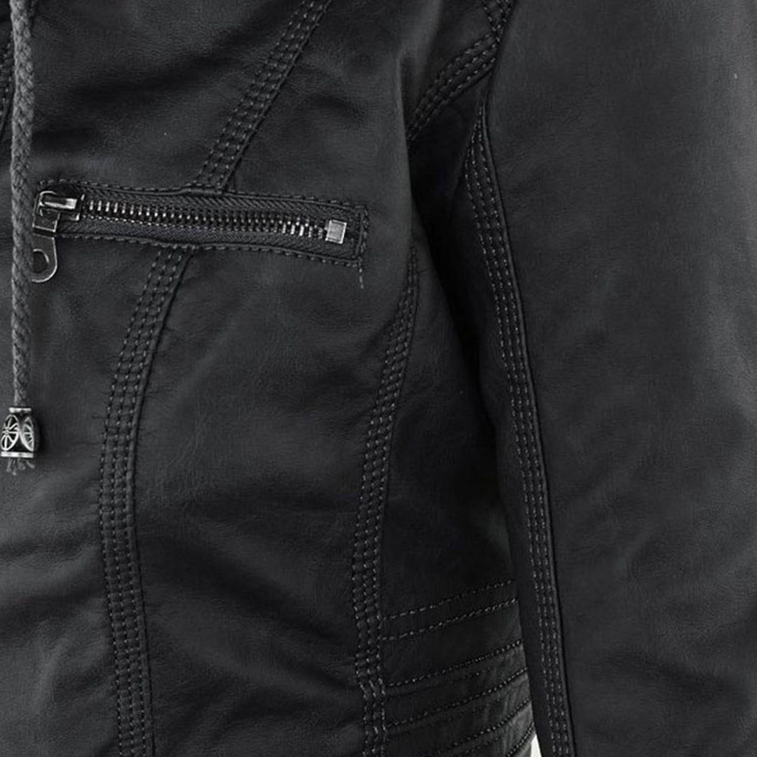Women's Vegan Leather Hooded Moto Jacket with Zipper – Stylish and Functional Fall Outerwear