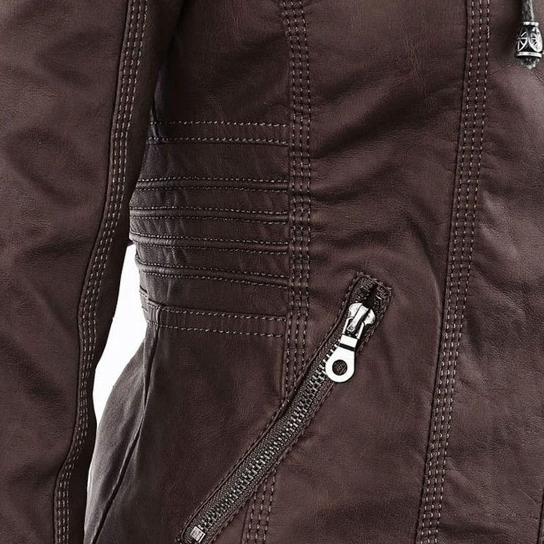 Women's Vegan Leather Hooded Moto Jacket with Zipper – Stylish and Functional Fall Outerwear