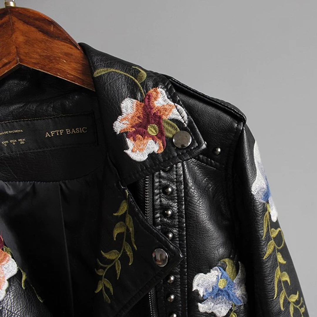 Women's Embroidered Biker Jacket Faux Stylish Casual Outerwear