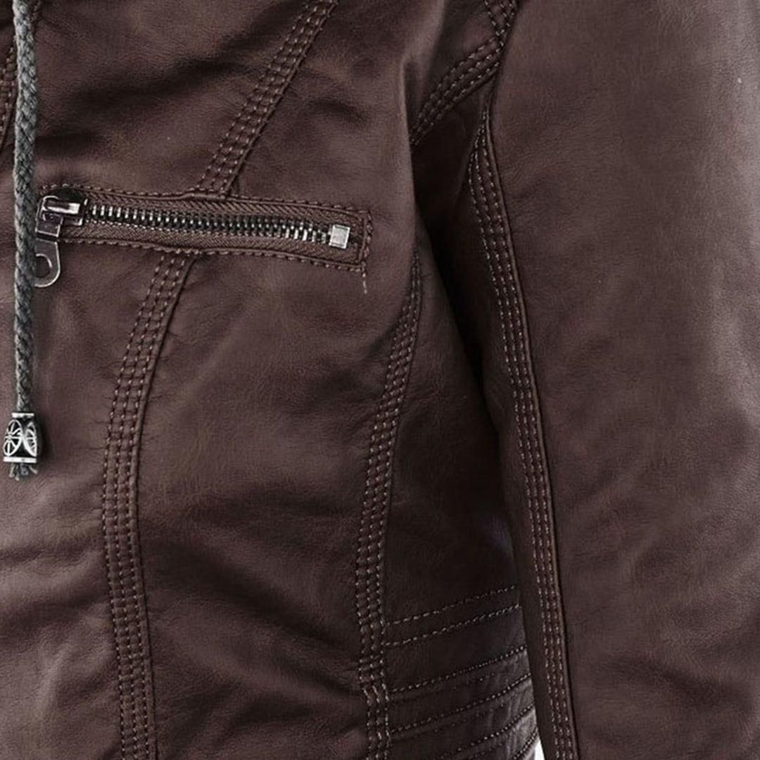 Women's Vegan Leather Hooded Moto Jacket with Zipper – Stylish and Functional Fall Outerwear