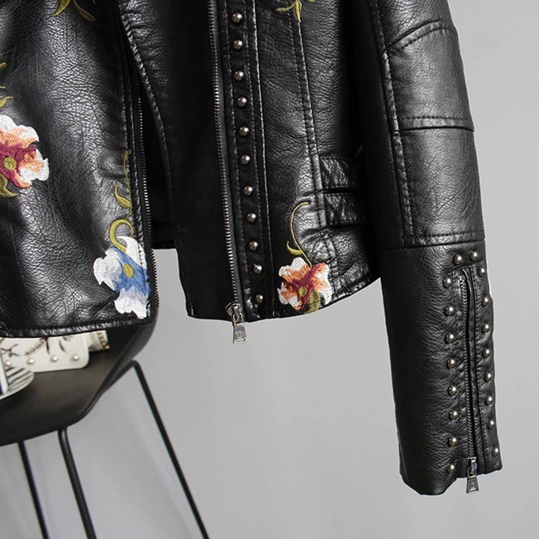 Women's Embroidered Biker Jacket Faux Stylish Casual Outerwear