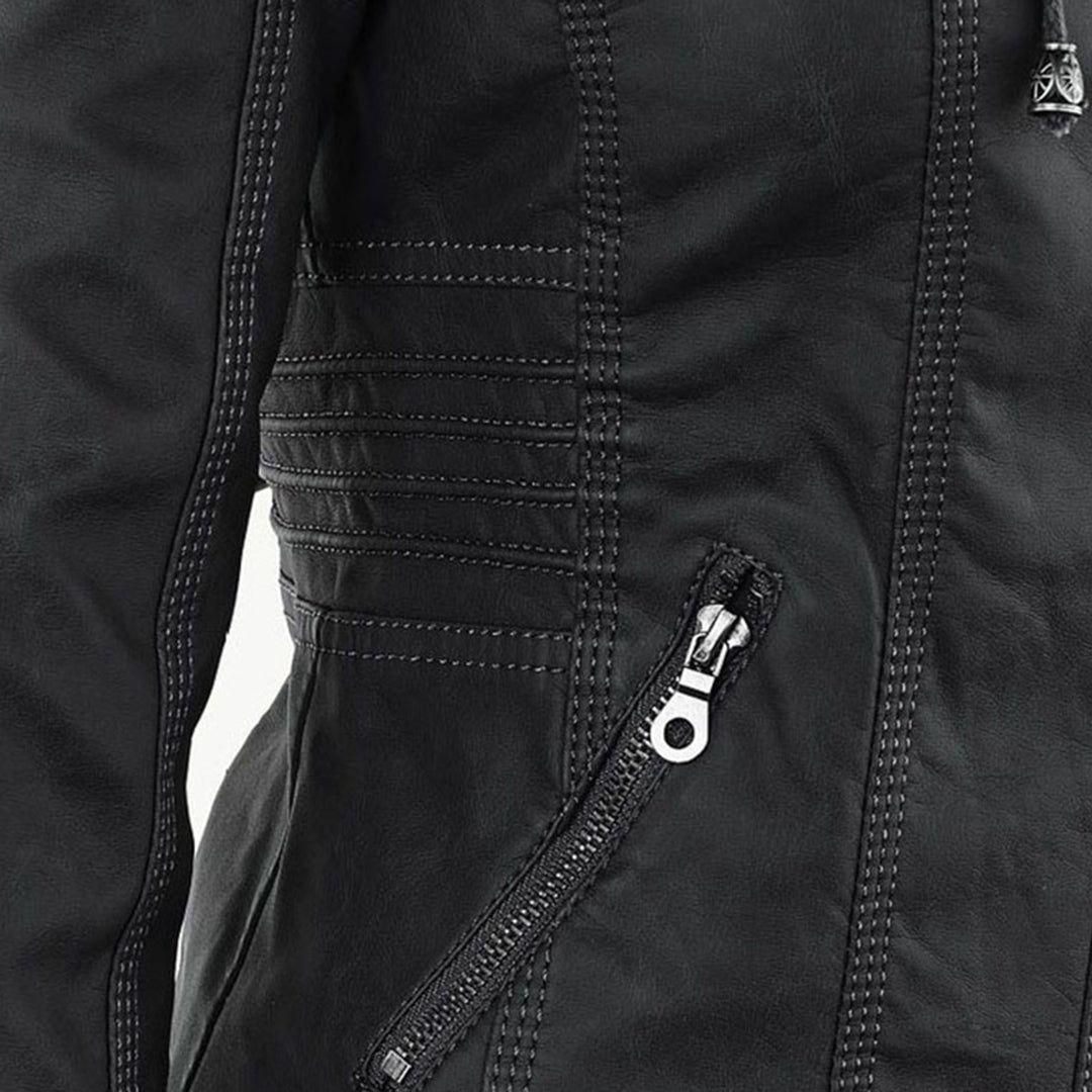 Women's Vegan Leather Hooded Moto Jacket with Zipper – Stylish and Functional Fall Outerwear
