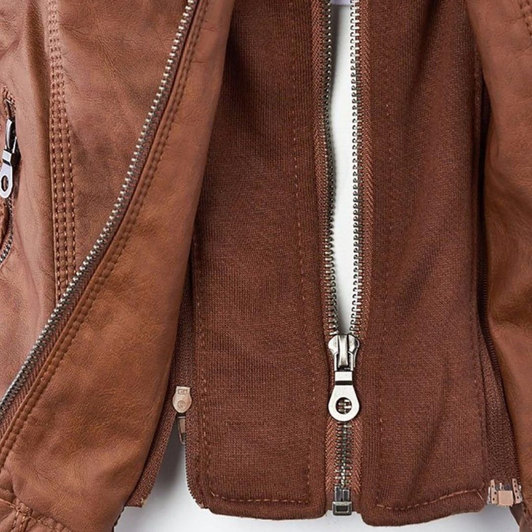 Women's Vegan Leather Hooded Moto Jacket with Zipper – Stylish and Functional Fall Outerwear