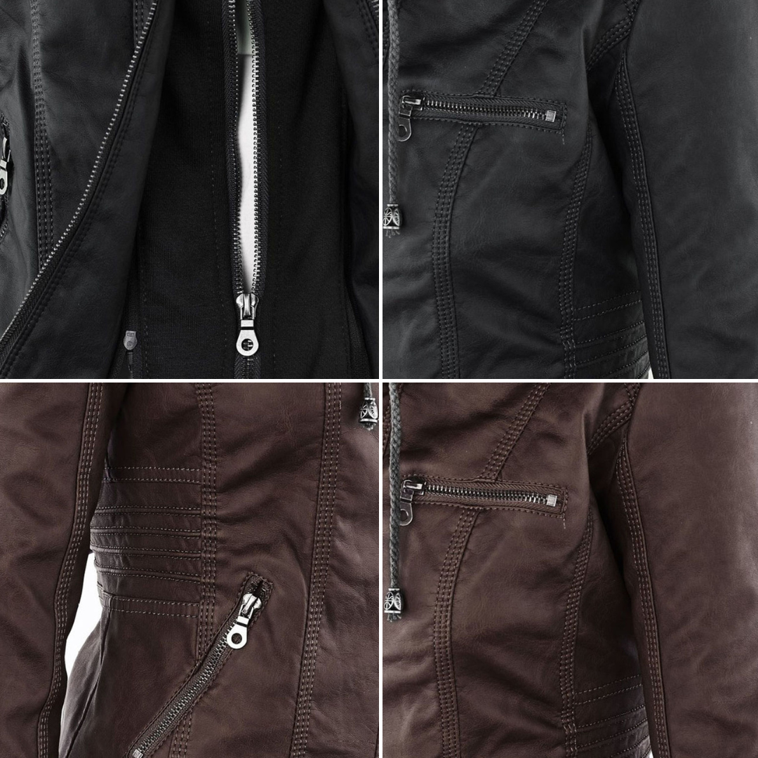 Women's Vegan Leather Hooded Moto Jacket with Zipper – Stylish and Functional Fall Outerwear