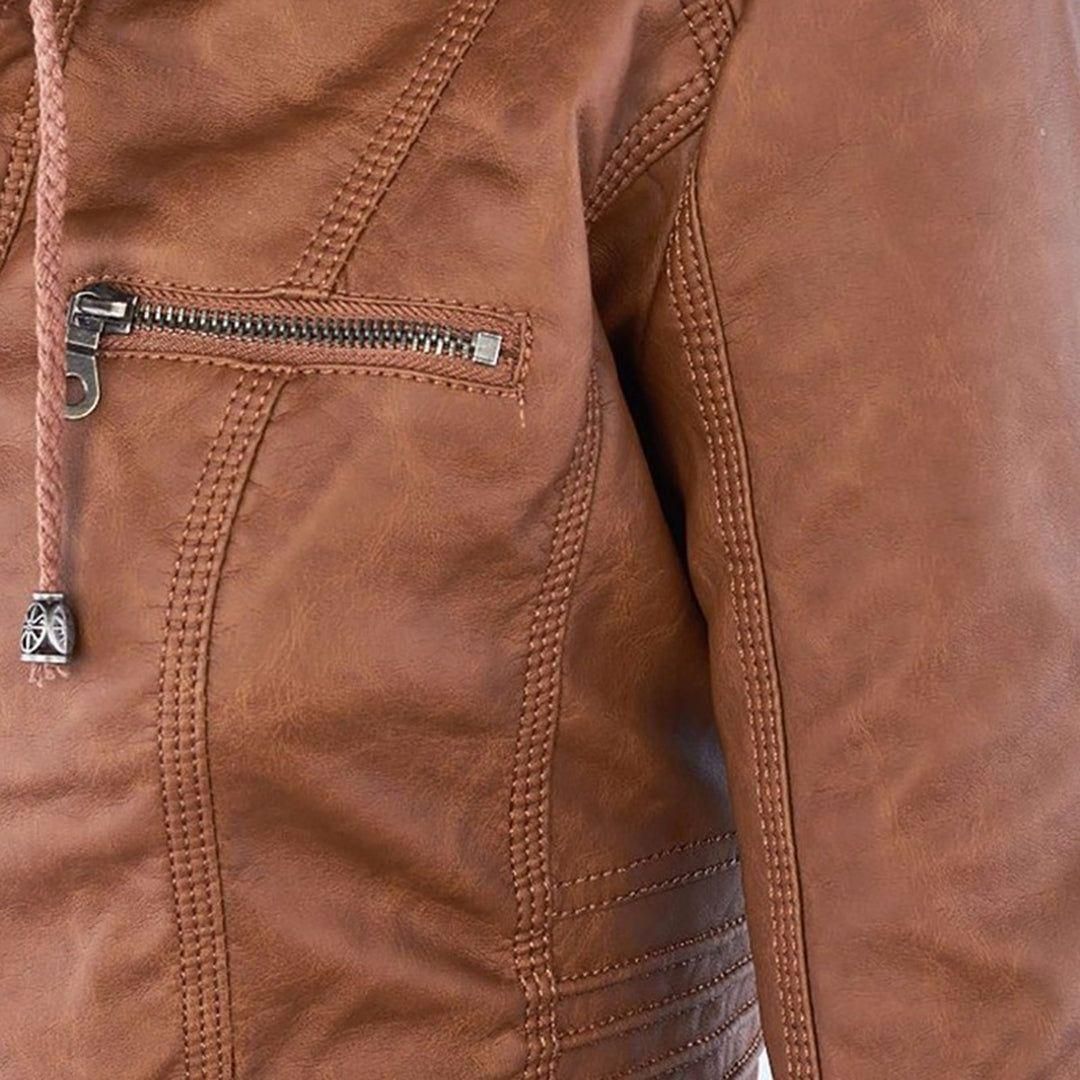 Women's Vegan Leather Hooded Moto Jacket with Zipper – Stylish and Functional Fall Outerwear