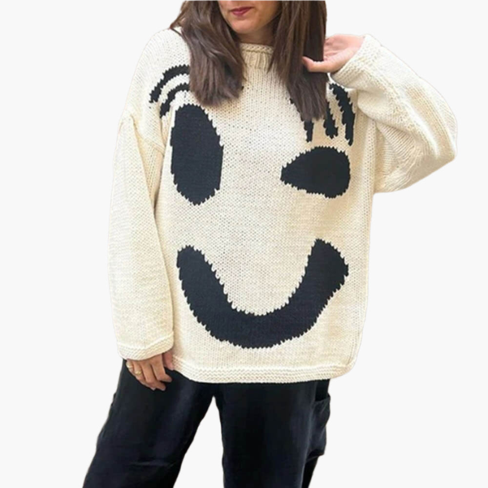 Women's Playful Face Knit Sweater – Relaxed Fit Artistic Jumper for Casual Comfort