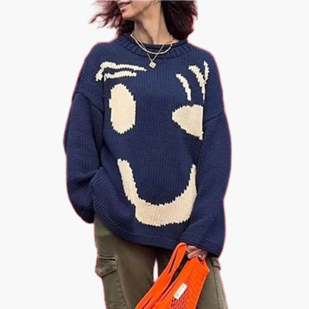 Women's Playful Face Knit Sweater – Relaxed Fit Artistic Jumper for Casual Comfort