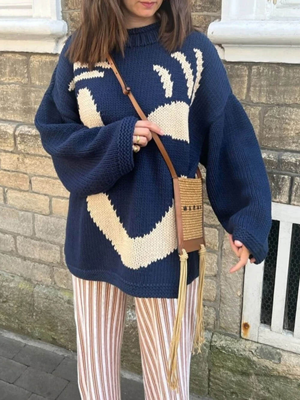 Women's Playful Face Knit Sweater – Relaxed Fit Artistic Jumper for Casual Comfort