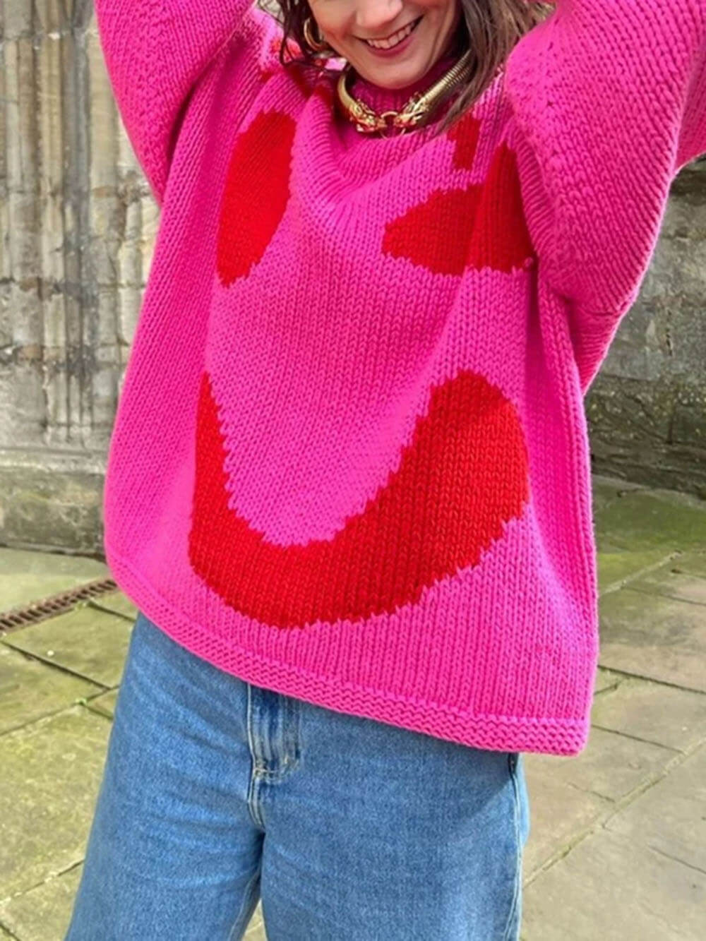 Women's Playful Face Knit Sweater – Relaxed Fit Artistic Jumper for Casual Comfort