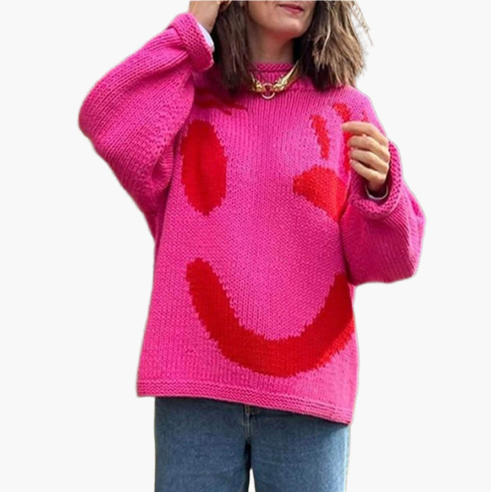 Women's Playful Face Knit Sweater – Relaxed Fit Artistic Jumper for Casual Comfort