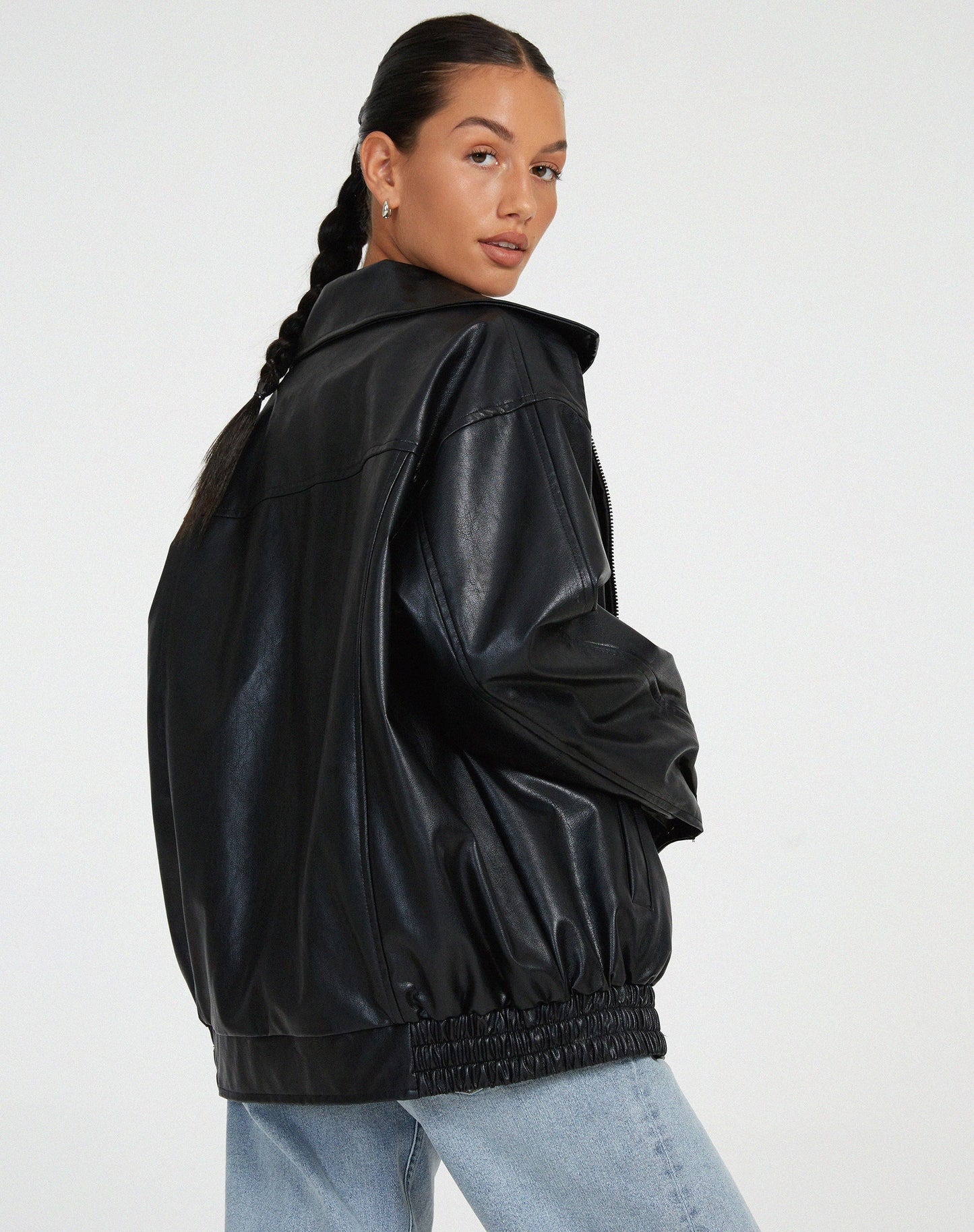 Women's Oversized Faux Leather Bomber Jacket – Trendy Relaxed Fit for Casual and Night Out Style