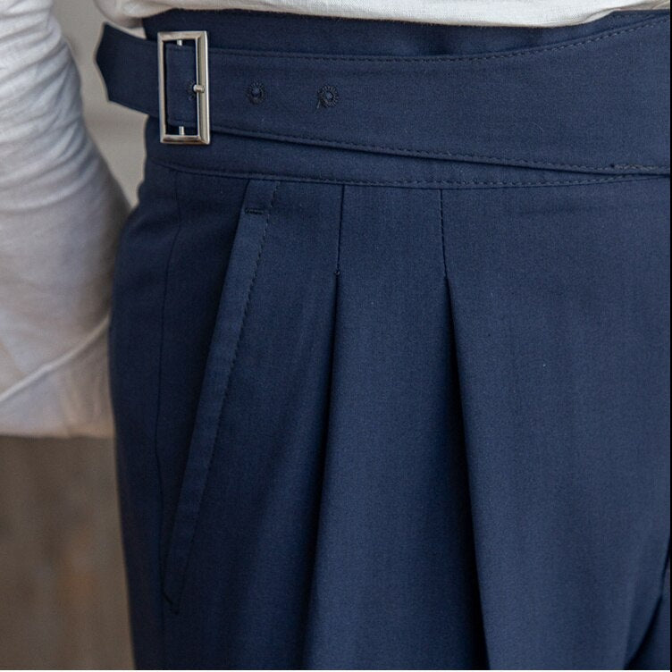 Men's High-Waisted Tailored Pleated Trousers with Adjustable Side Buckle – Elegant Formal & Business Casual Pants