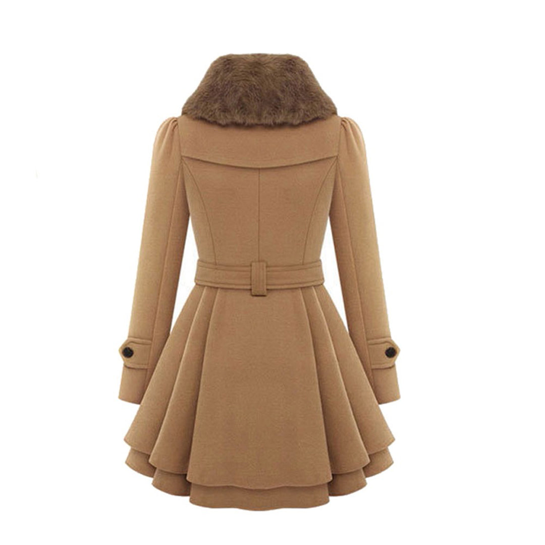 Women's Elegant Winter Trench Coat with Faux Fur Collar, Double-Breasted, Flared Hem – Fashion Warm Overcoat
