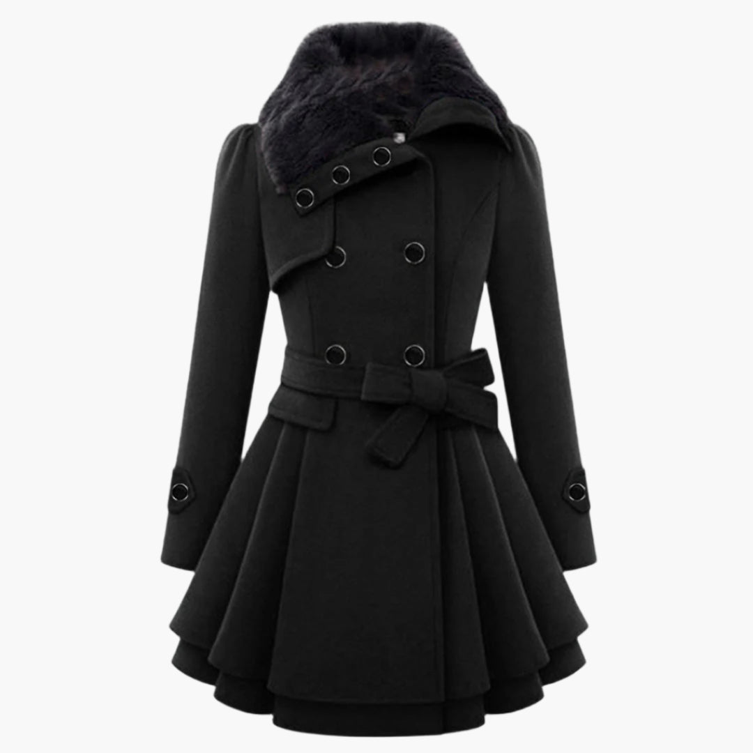 Women's Elegant Winter Trench Coat with Faux Fur Collar, Double-Breasted, Flared Hem – Fashion Warm Overcoat