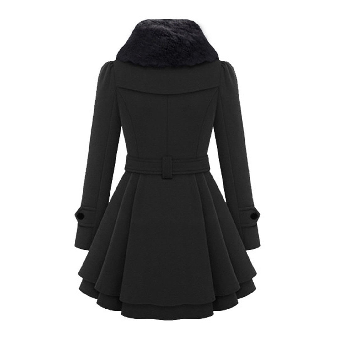 Women's Elegant Winter Trench Coat with Faux Fur Collar, Double-Breasted, Flared Hem – Fashion Warm Overcoat