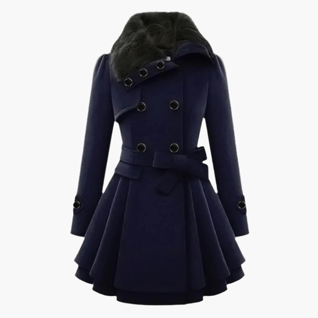 Women's Elegant Winter Trench Coat with Faux Fur Collar, Double-Breasted, Flared Hem – Fashion Warm Overcoat