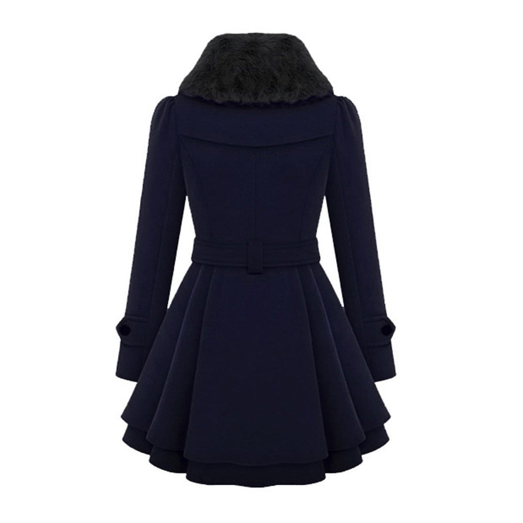 Women's Elegant Winter Trench Coat with Faux Fur Collar, Double-Breasted, Flared Hem – Fashion Warm Overcoat