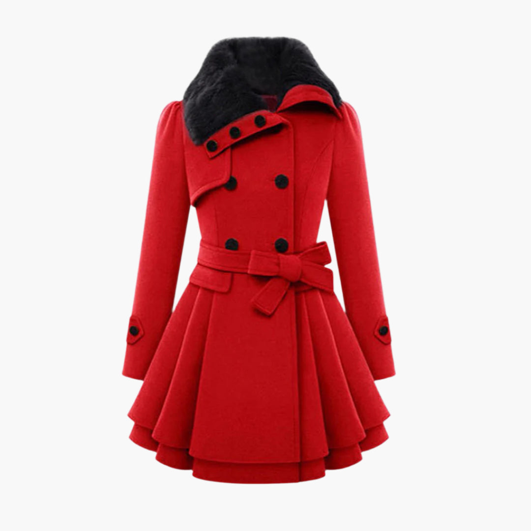 Women's Elegant Winter Trench Coat with Faux Fur Collar, Double-Breasted, Flared Hem – Fashion Warm Overcoat