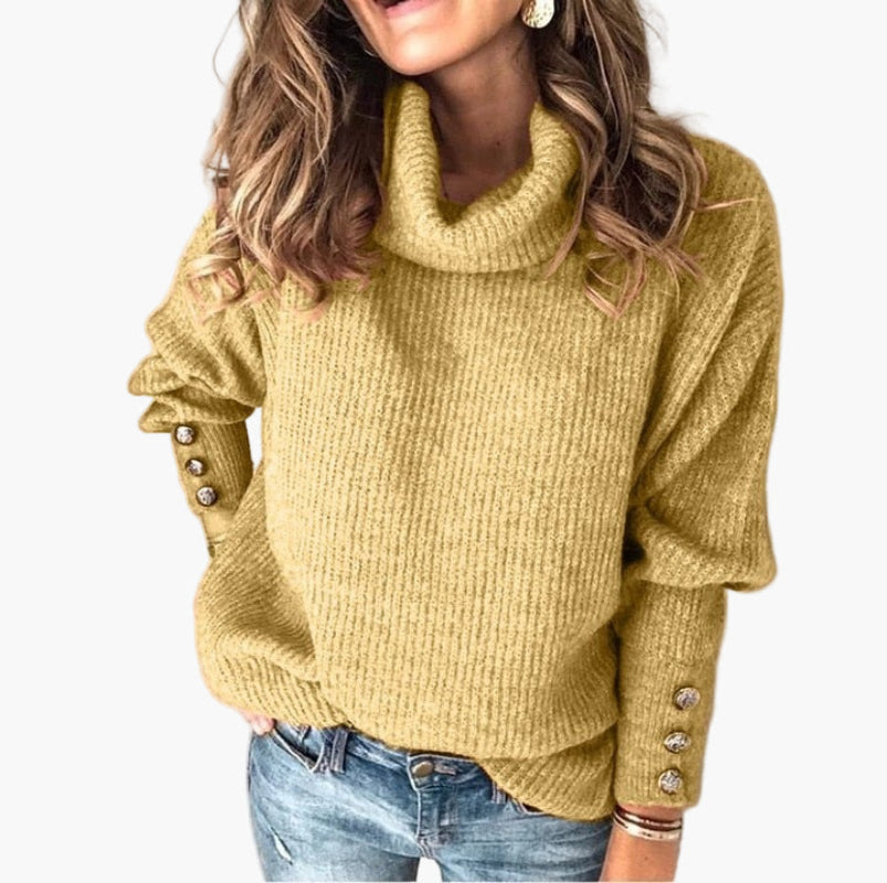 Women's Cozy Pullover Turtleneck Sweater with Button Sleeve Detail – Casual Relaxed Fit