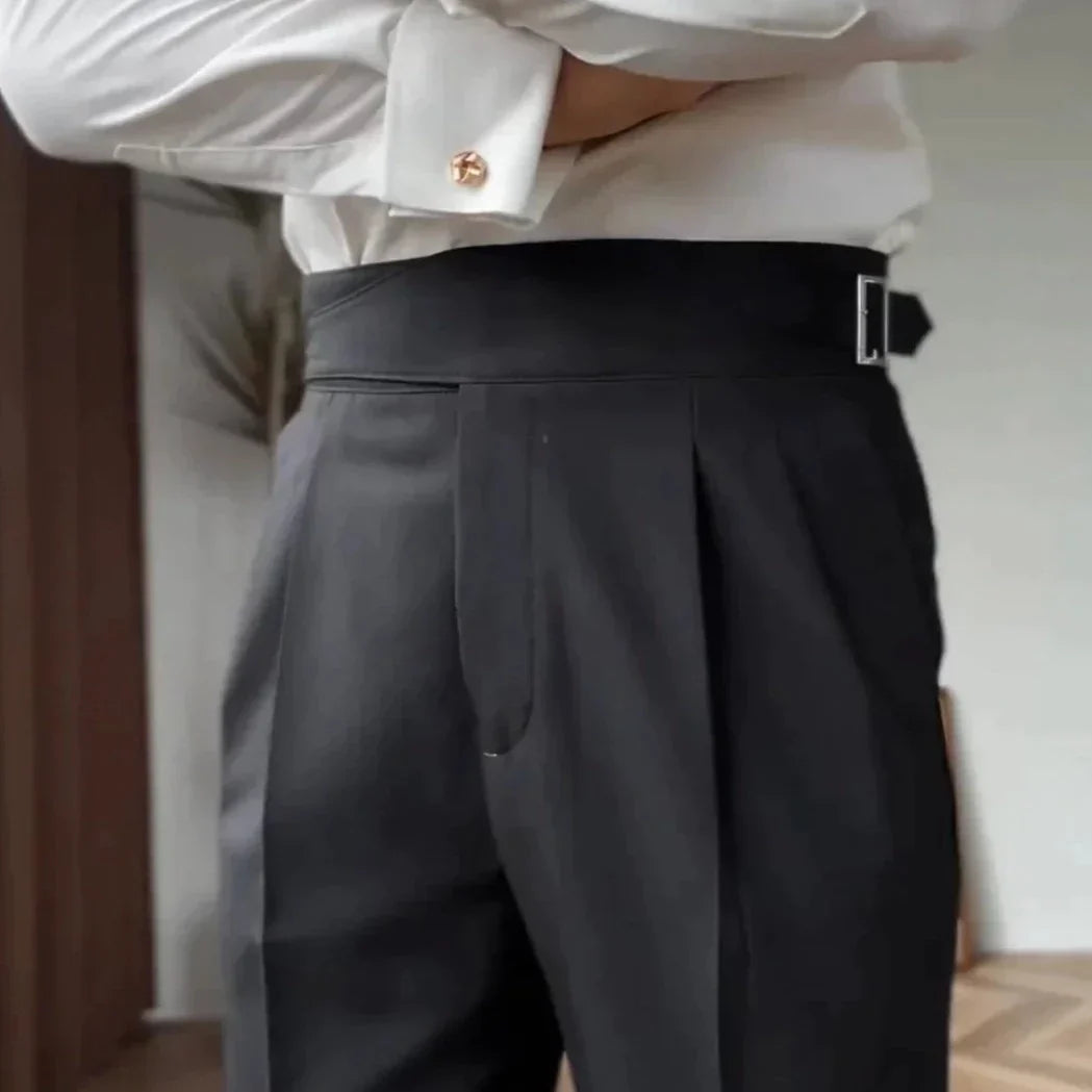 Men's High-Waisted Tailored Pleated Trousers with Adjustable Side Buckle – Elegant Formal & Business Casual Pants