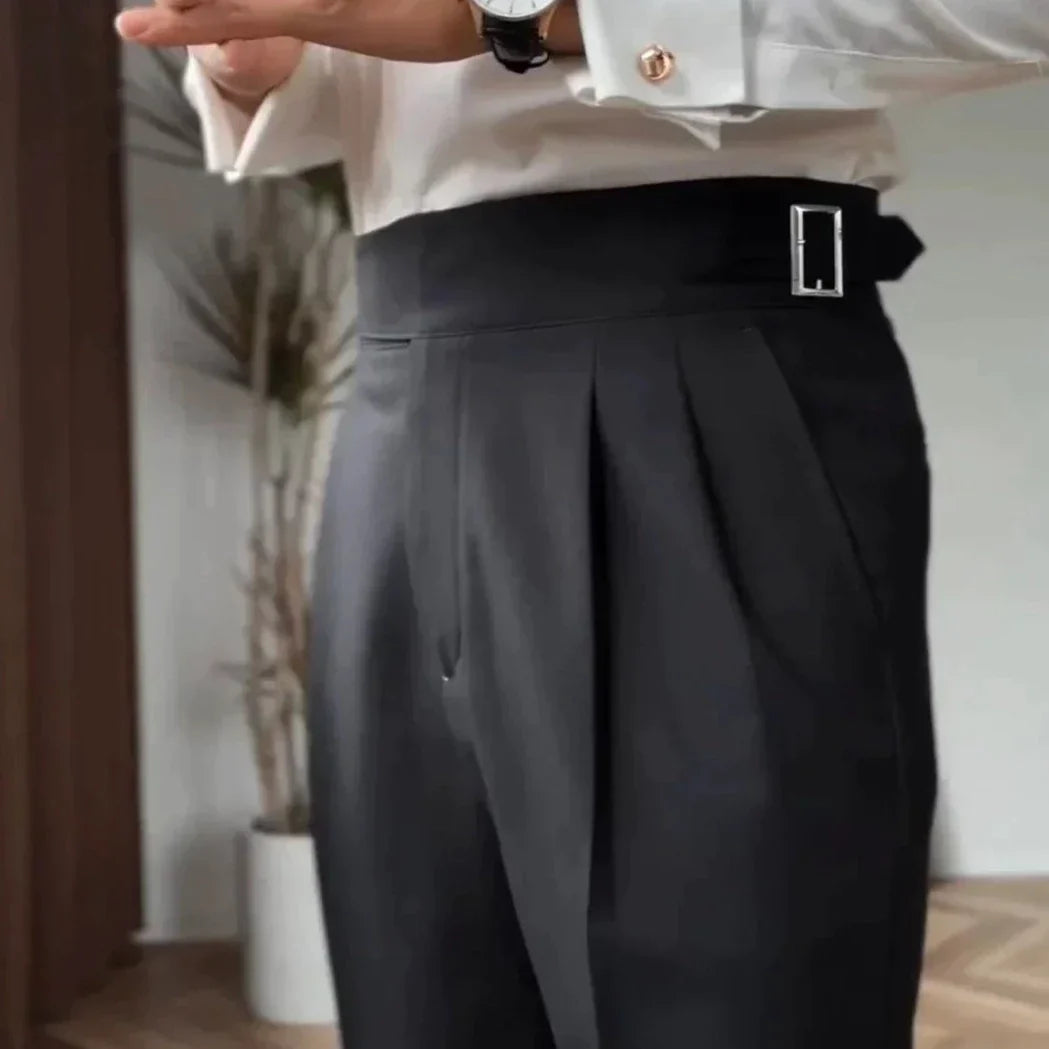Men's High-Waisted Tailored Pleated Trousers with Adjustable Side Buckle – Elegant Formal & Business Casual Pants