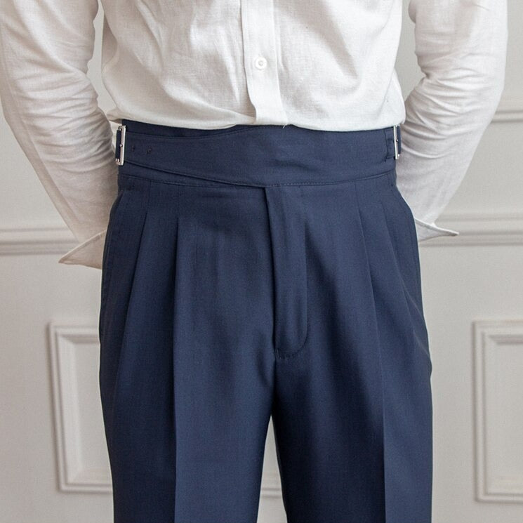 Men's High-Waisted Tailored Pleated Trousers with Adjustable Side Buckle – Elegant Formal & Business Casual Pants