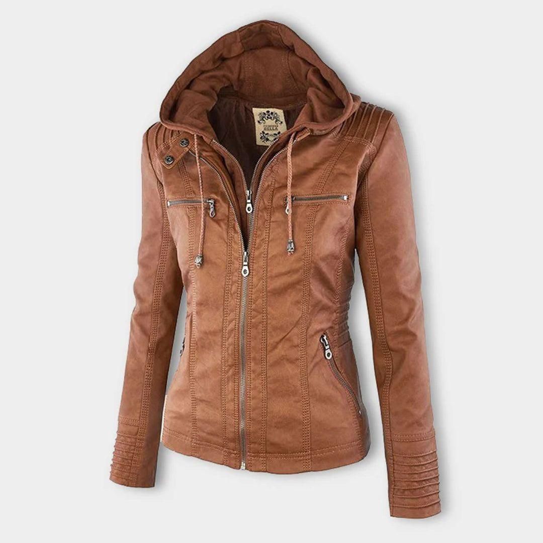 Women's Vegan Leather Hooded Moto Jacket with Zipper – Stylish and Functional Fall Outerwear