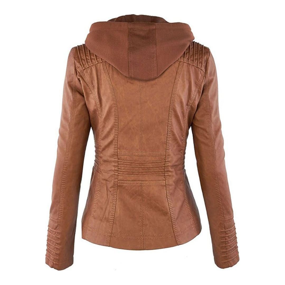 Women's Vegan Leather Hooded Moto Jacket with Zipper – Stylish and Functional Fall Outerwear