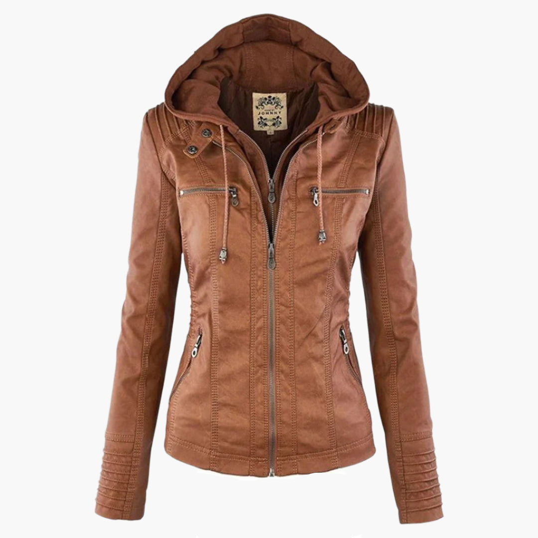 Women's Vegan Leather Hooded Moto Jacket with Zipper – Stylish and Functional Fall Outerwear