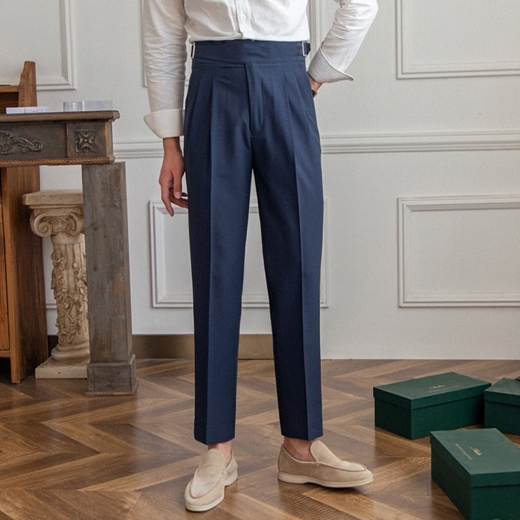 Men's High-Waisted Tailored Pleated Trousers with Adjustable Side Buckle – Elegant Formal & Business Casual Pants