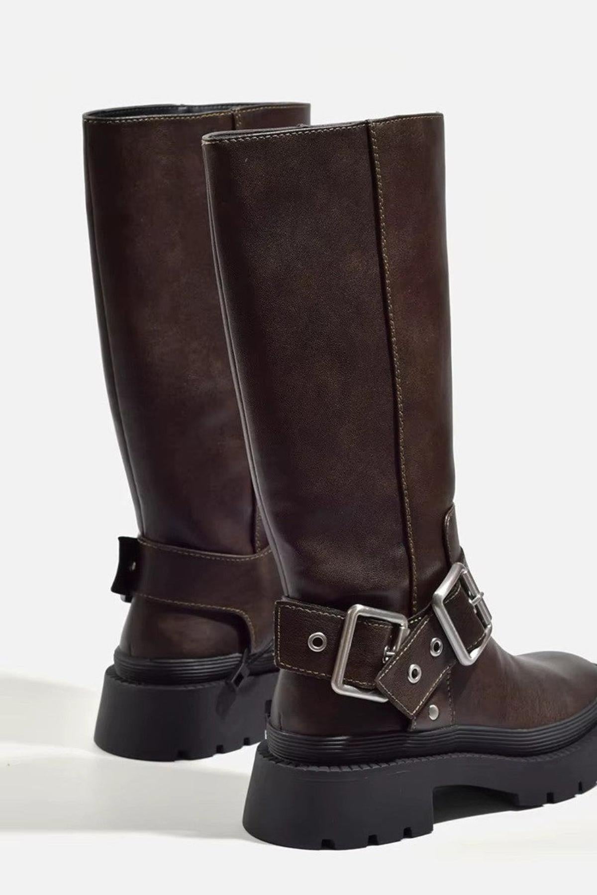 Women's Retro Buckle High-Tube Flat Sole Boots for Everyday Wear