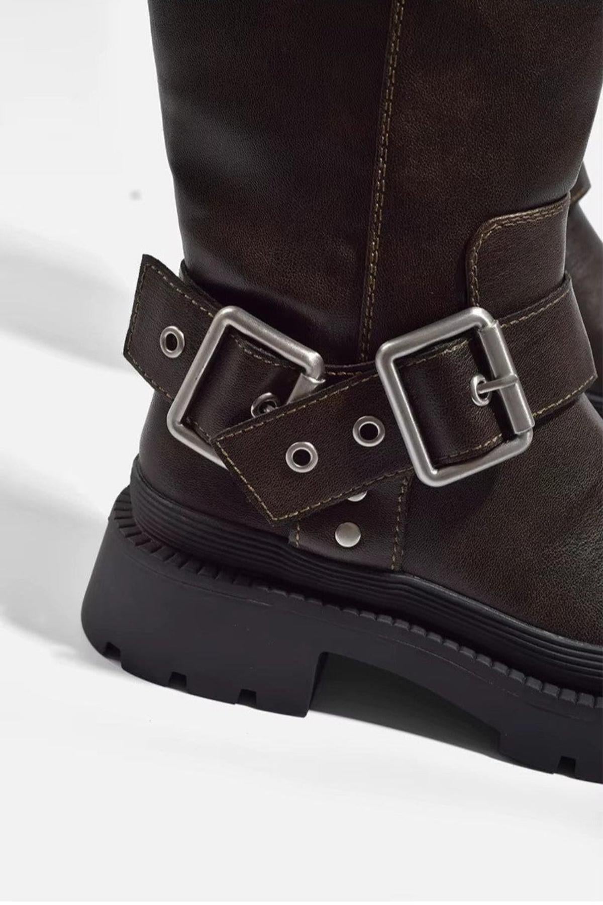 Women's Retro Buckle High-Tube Flat Sole Boots for Everyday Wear