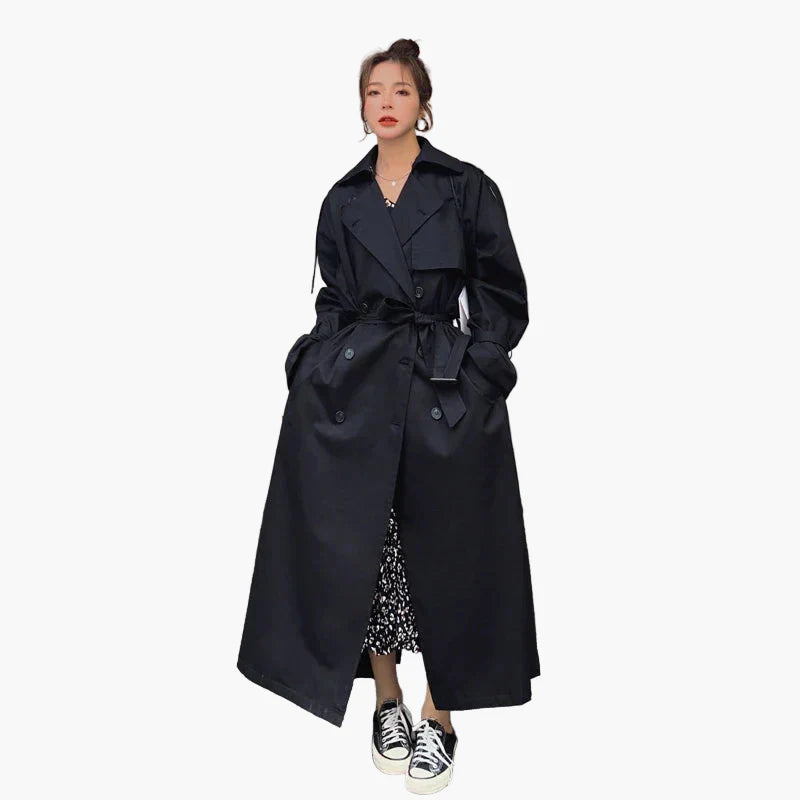 Women's Oversized Classic Trench Coat - Double-Breasted Long Casual Outerwear