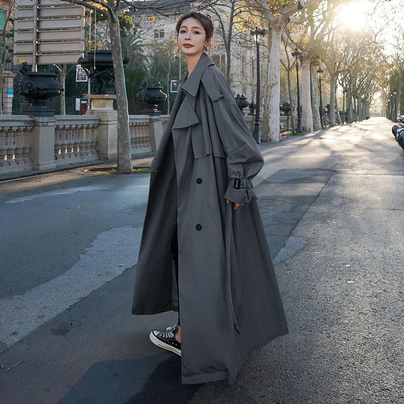 Women's Oversized Classic Trench Coat - Double-Breasted Long Casual Outerwear