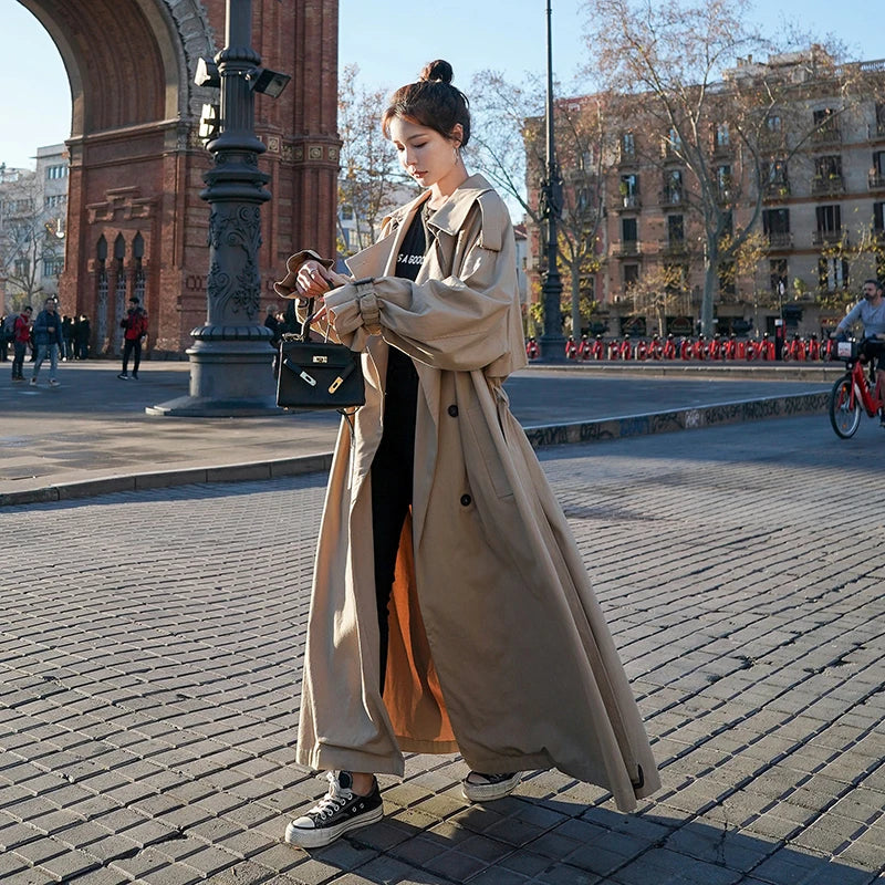 Women's Oversized Classic Trench Coat - Double-Breasted Long Casual Outerwear