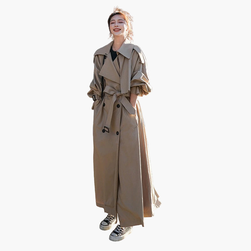 Women's Oversized Classic Trench Coat - Double-Breasted Long Casual Outerwear