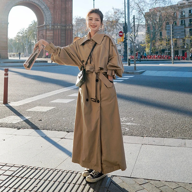 Women's Oversized Classic Trench Coat - Double-Breasted Long Casual Outerwear