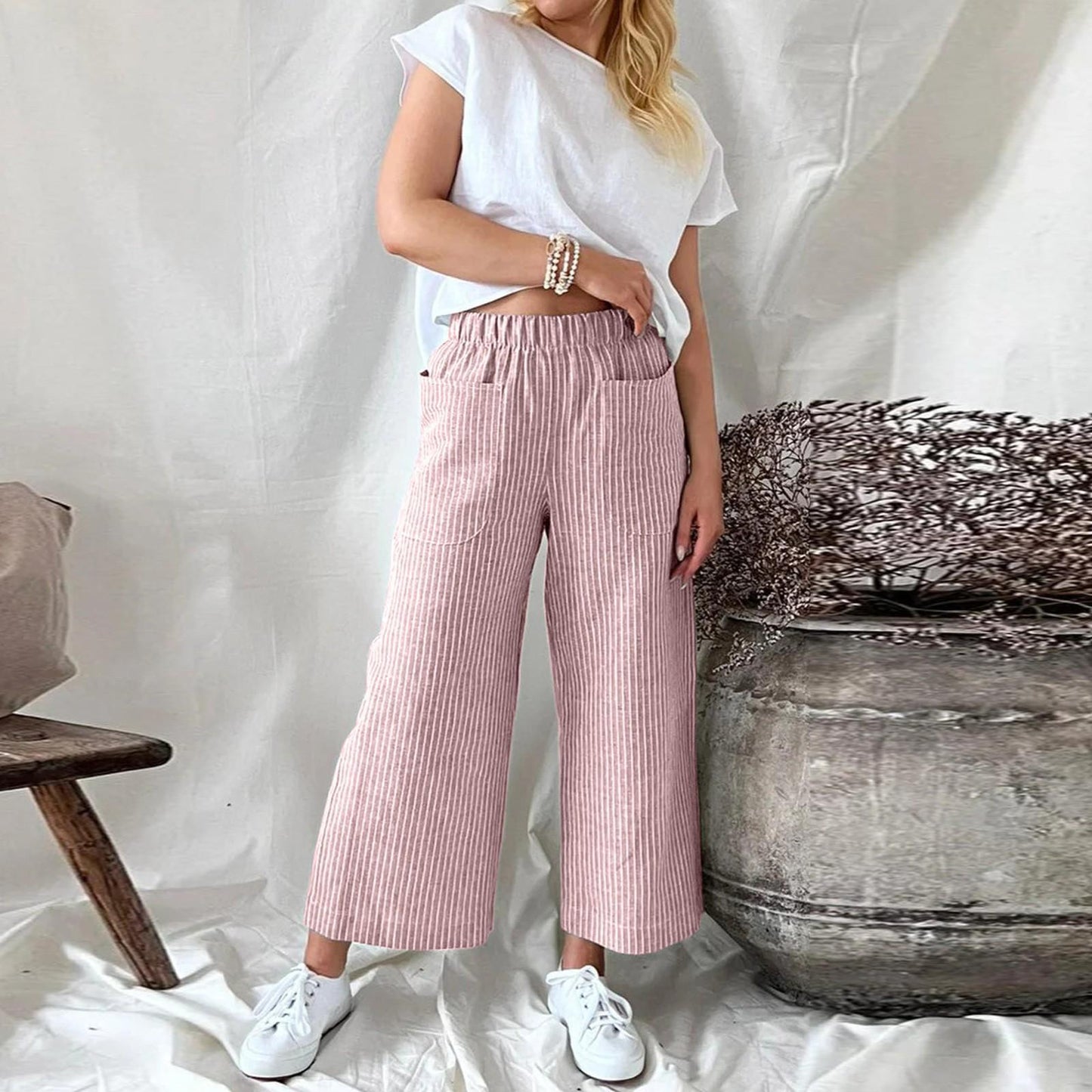 Betty – Loose Striped Cotton and Linen Casual Wide-leg Pants