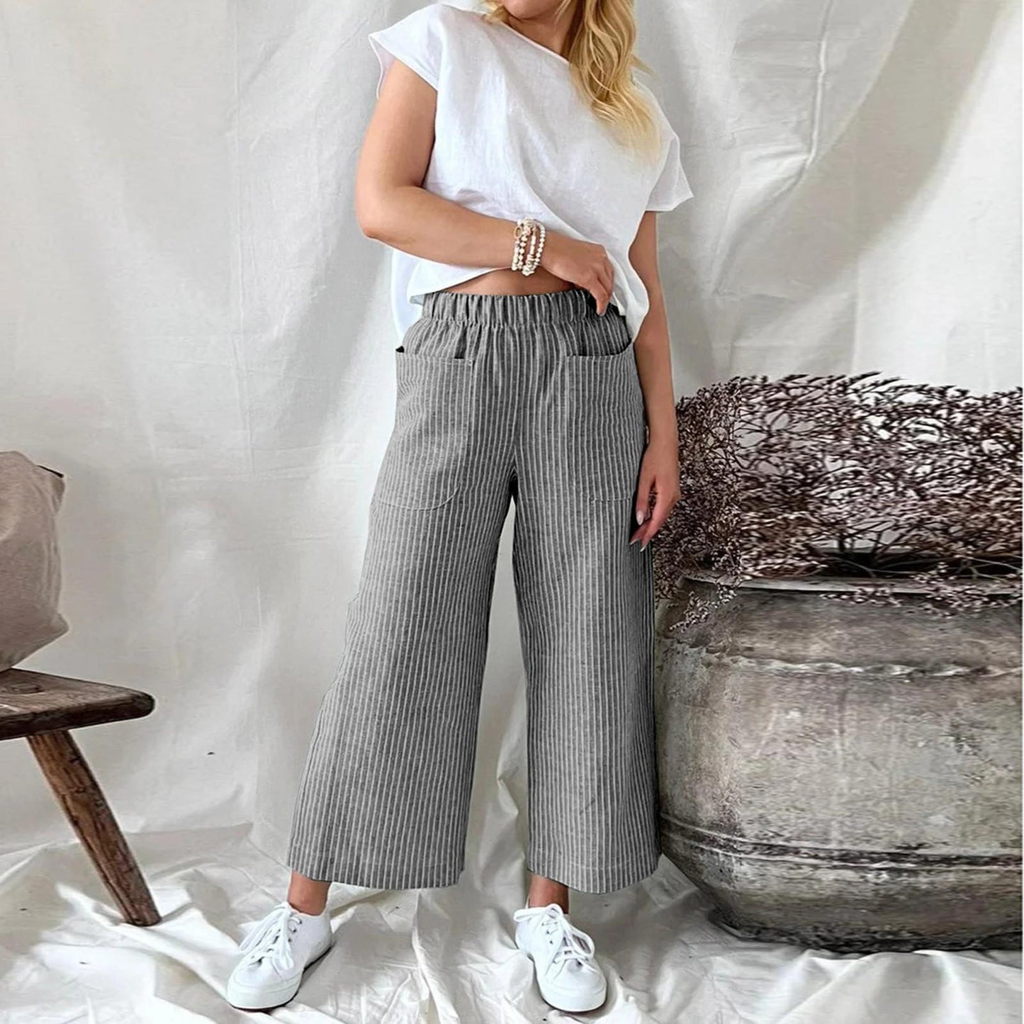 Betty – Loose Striped Cotton and Linen Casual Wide-leg Pants