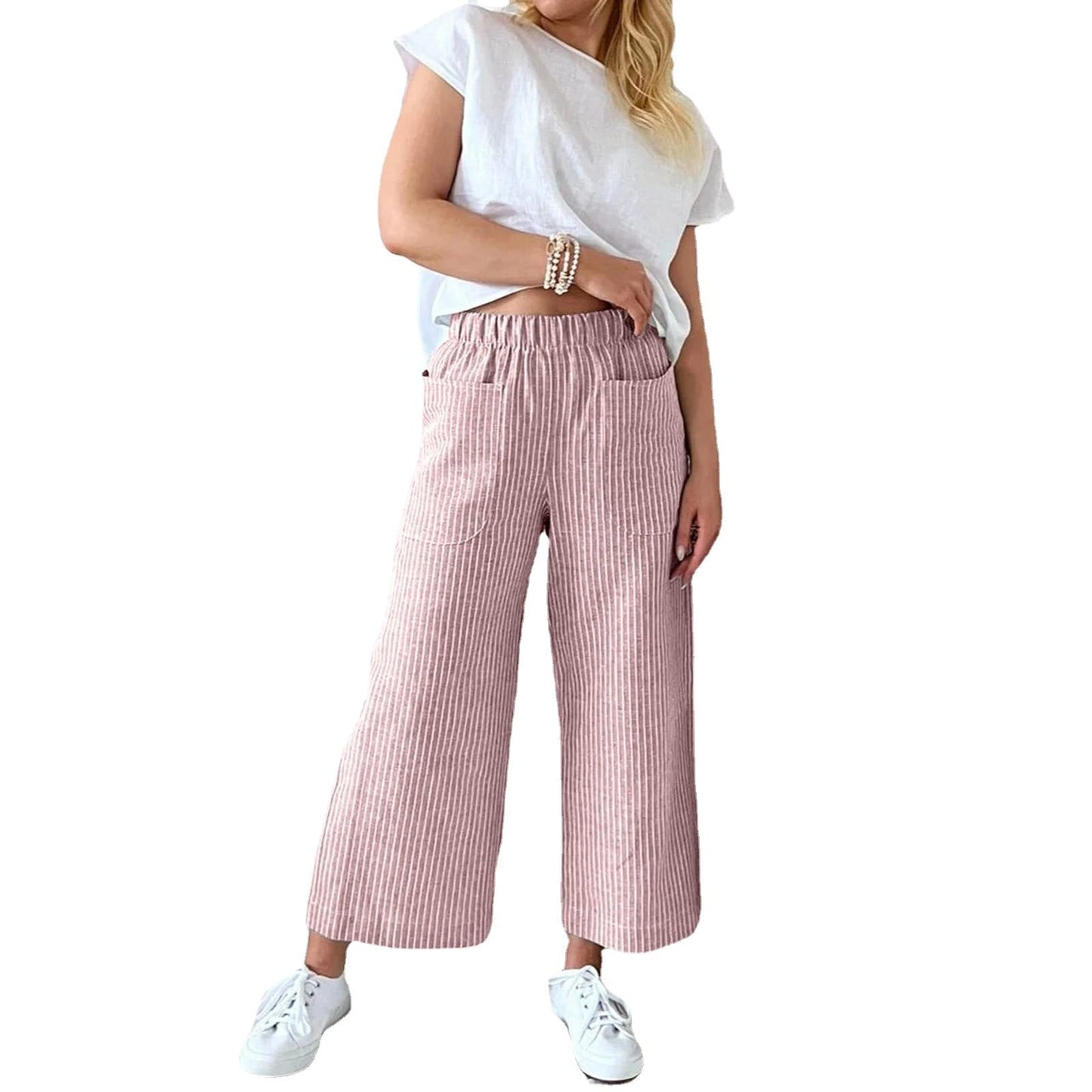Betty – Loose Striped Cotton and Linen Casual Wide-leg Pants