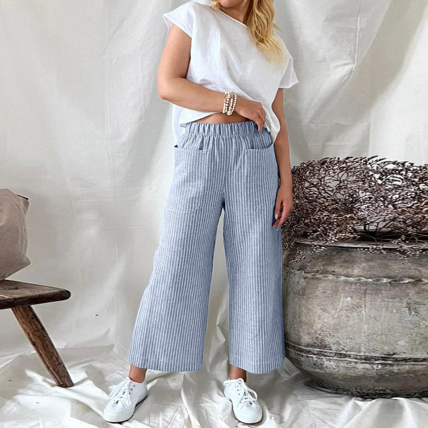 Betty – Loose Striped Cotton and Linen Casual Wide-leg Pants