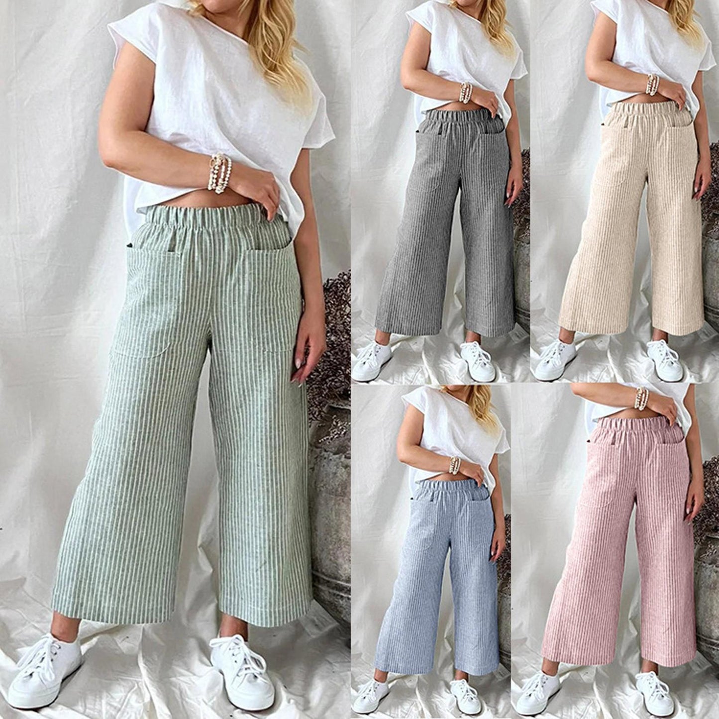 Betty – Loose Striped Cotton and Linen Casual Wide-leg Pants