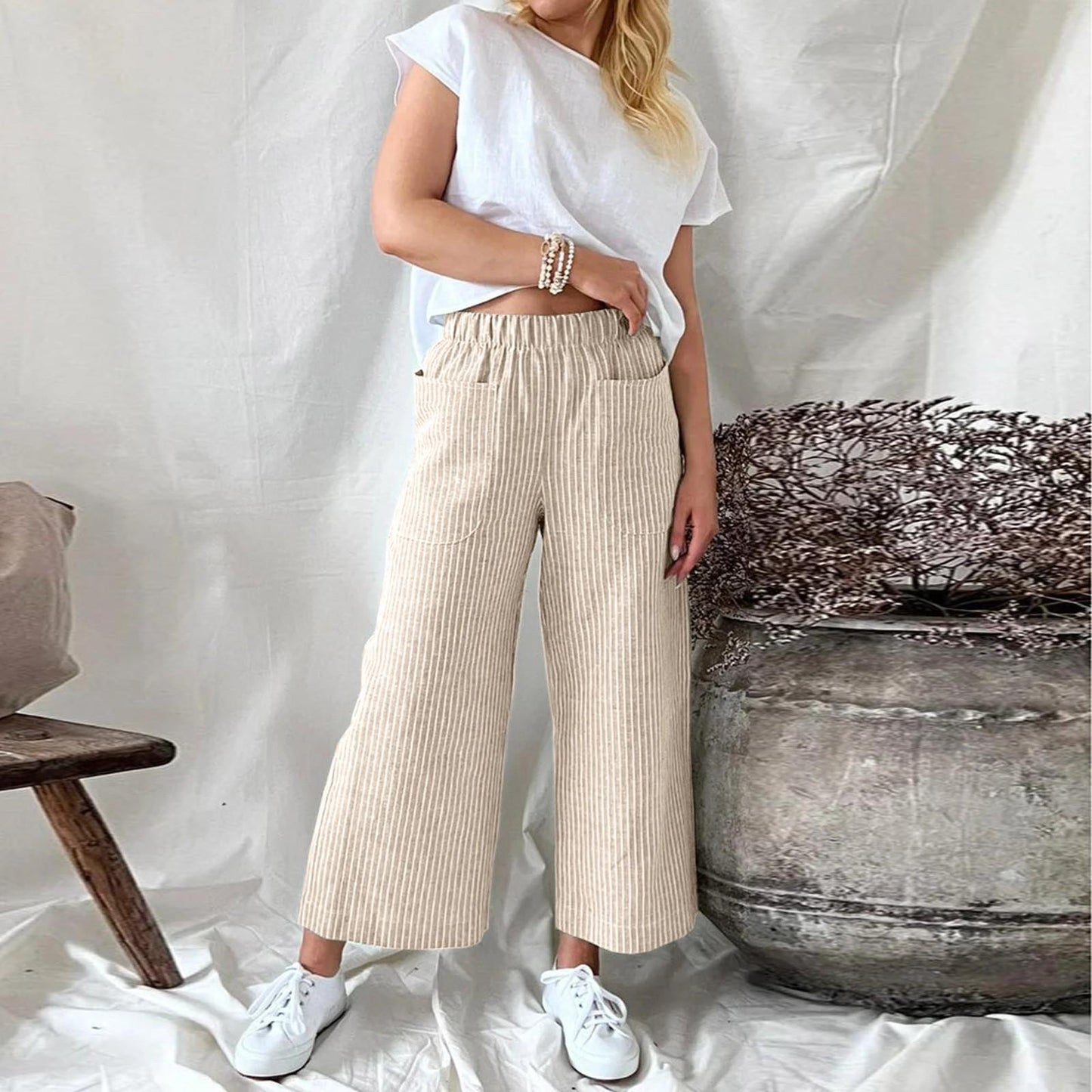 Betty – Loose Striped Cotton and Linen Casual Wide-leg Pants