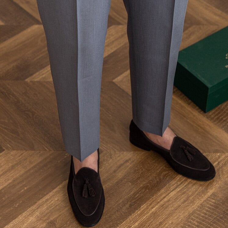 Men's High-Waisted Tailored Pleated Trousers with Adjustable Side Buckle – Elegant Formal & Business Casual Pants