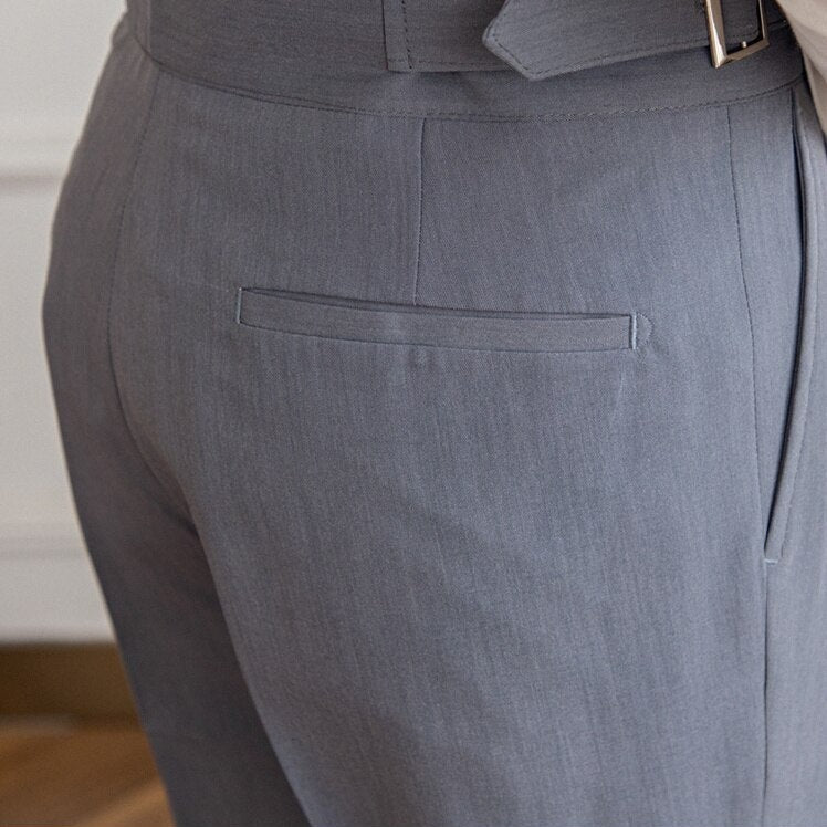 Men's High-Waisted Tailored Pleated Trousers with Adjustable Side Buckle – Elegant Formal & Business Casual Pants