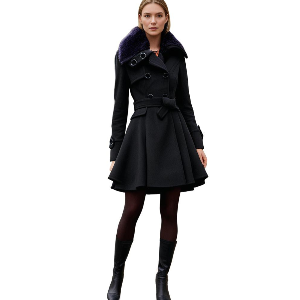 Women's Elegant Winter Trench Coat with Faux Fur Collar, Double-Breasted, Flared Hem – Fashion Warm Overcoat