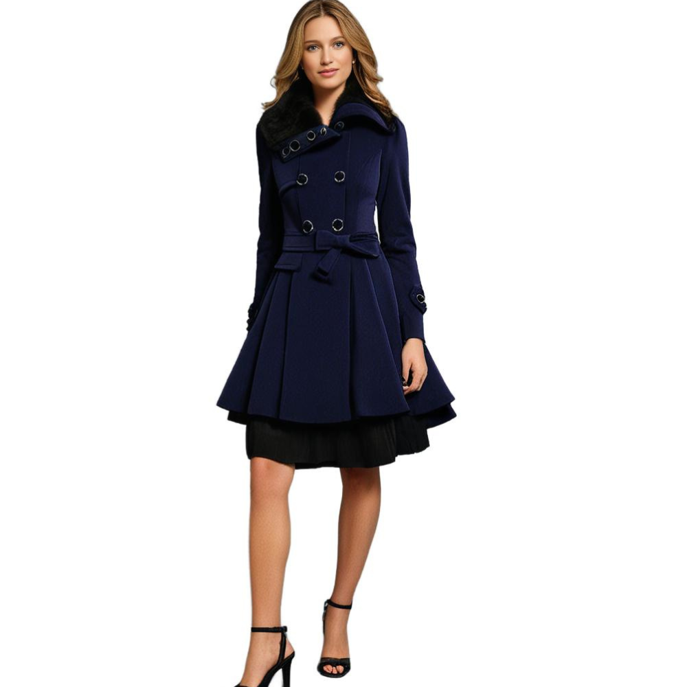 Women's Elegant Winter Trench Coat with Faux Fur Collar, Double-Breasted, Flared Hem – Fashion Warm Overcoat