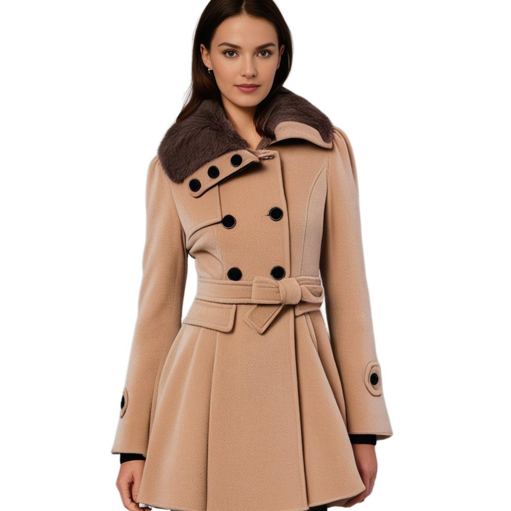 Women's Elegant Winter Trench Coat with Faux Fur Collar, Double-Breasted, Flared Hem – Fashion Warm Overcoat